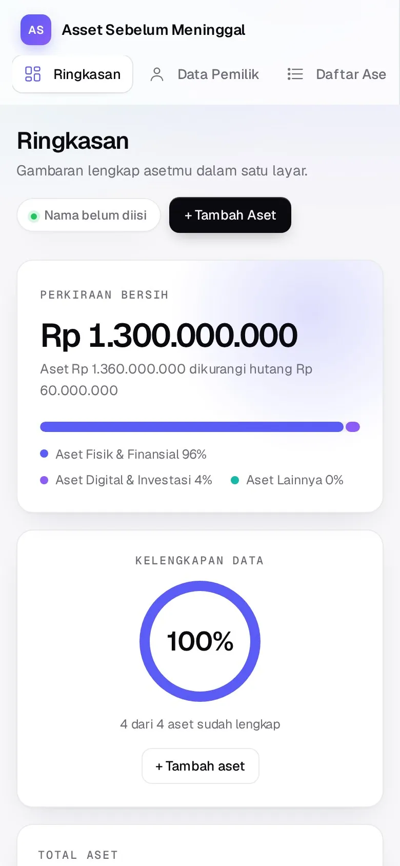 Tampilan aplikasi Asset Sebelum Meninggal